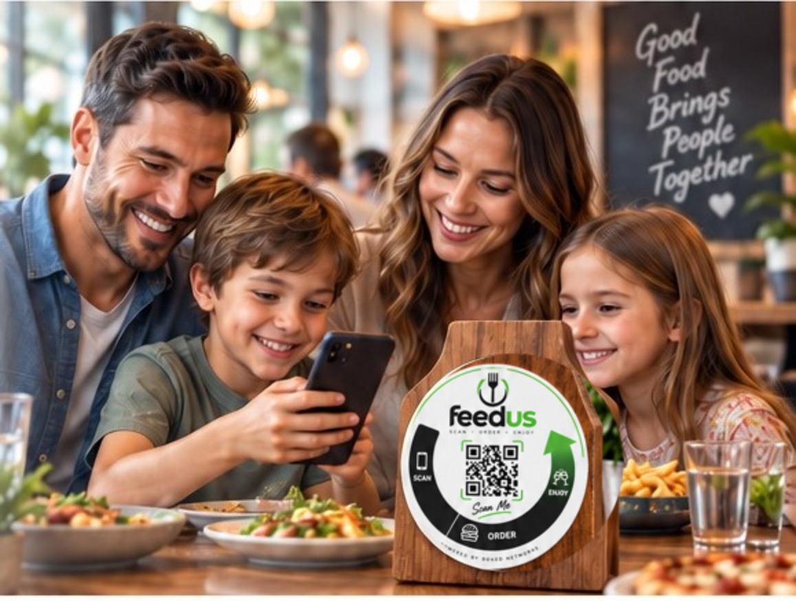 Family ordering food using a FeedUs QR code at a restaurant table